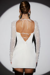 Long Sleeve Embellished A-Line Mini Dress In White