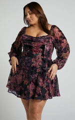 Jessell Mini Dress - Long Sleeve Cowl Corset Dress In Burnt Out Floral
