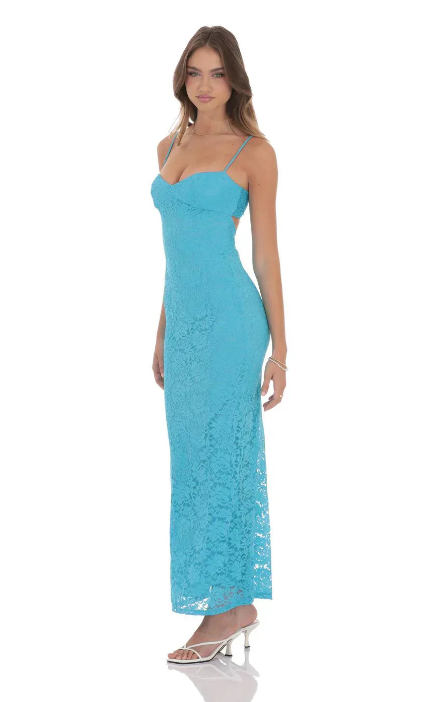 Lace Back Bow Maxi Dress In Aqua Blue