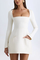 Square-Neck Structured Tulip Mini Dress In Vanilla