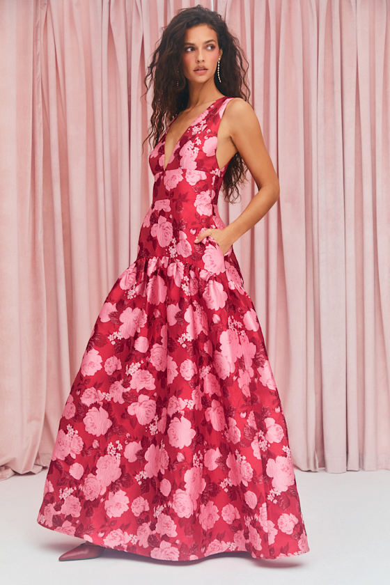 Valna Red Floral Jacquard Drop Waist Maxi Dress