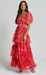 Leianna Midi Dress - Tulle Flutter Sleeve Tiered Ruffle Dress In Sunset Floral