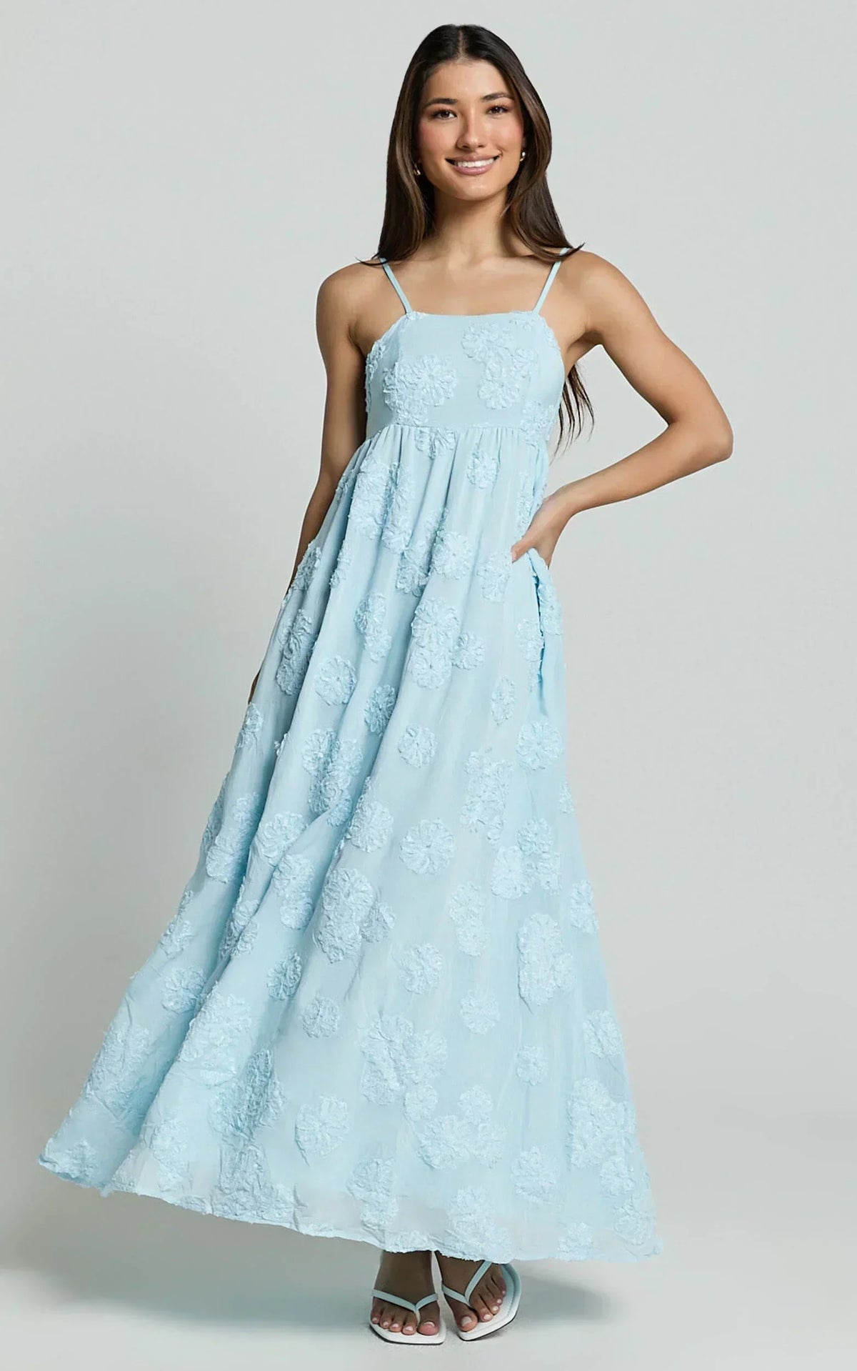 Claya Maxi Dress - Sleeveless Straight Neckline Floral Detail Dress In Pale Blue