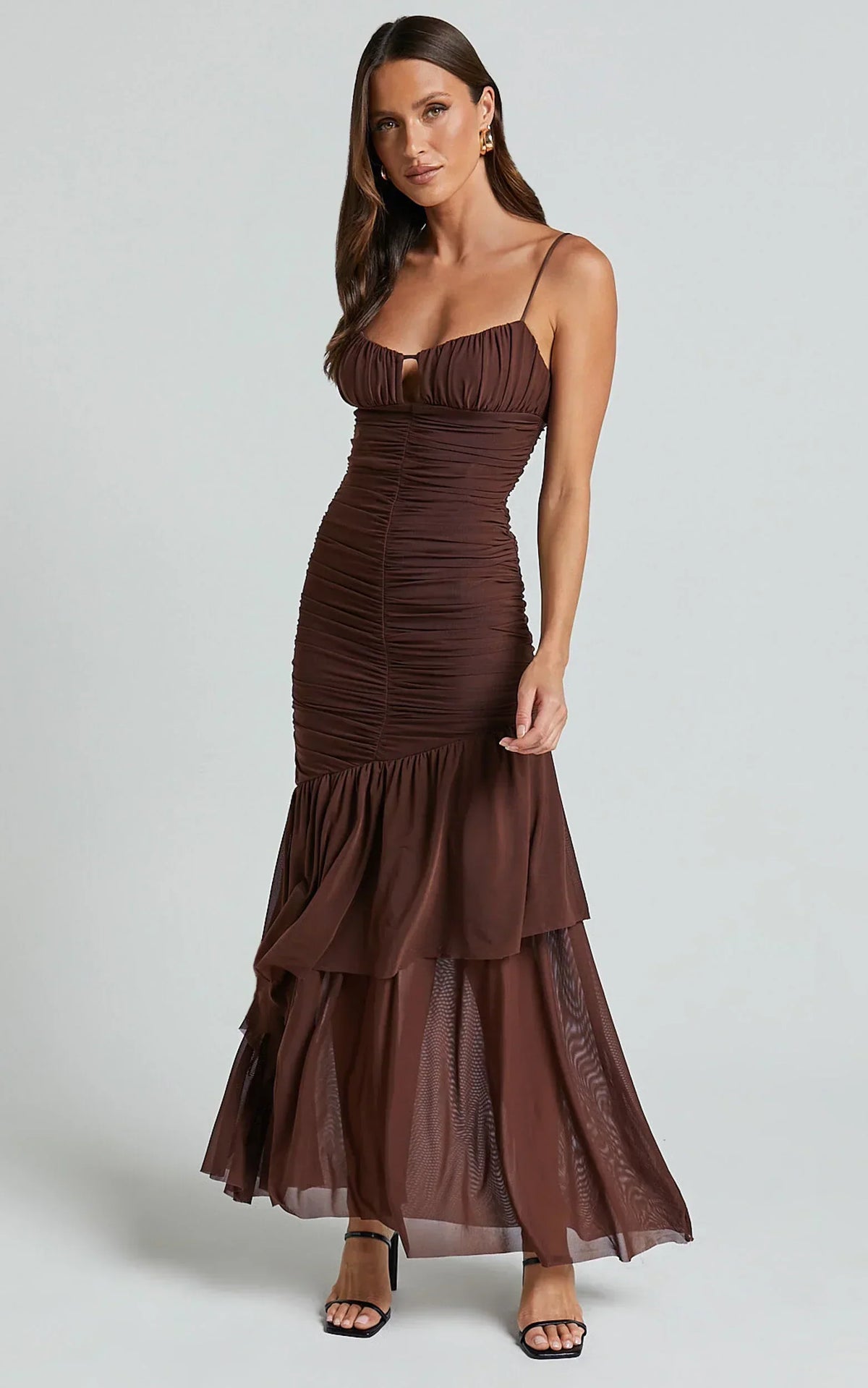 Harlene Maxi Dress- Ruched Mesh Frill Hem Dress In Chocolate