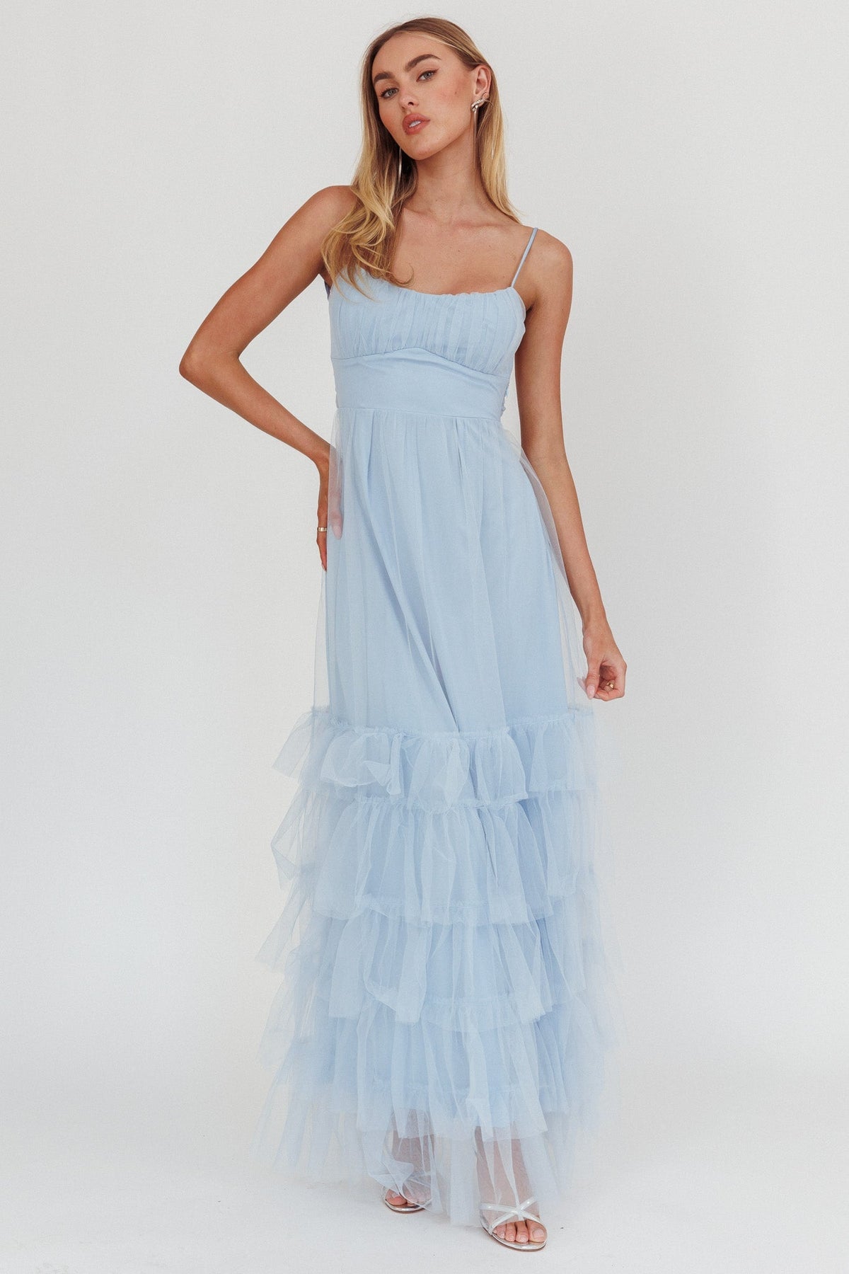 Nerida Twist Back Frill Trim Mesh Maxi Dress Steel Blue