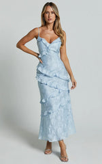 Michaela Midi Dress - Jacquard Ruffle Detail Tiered Dress In Light Blue