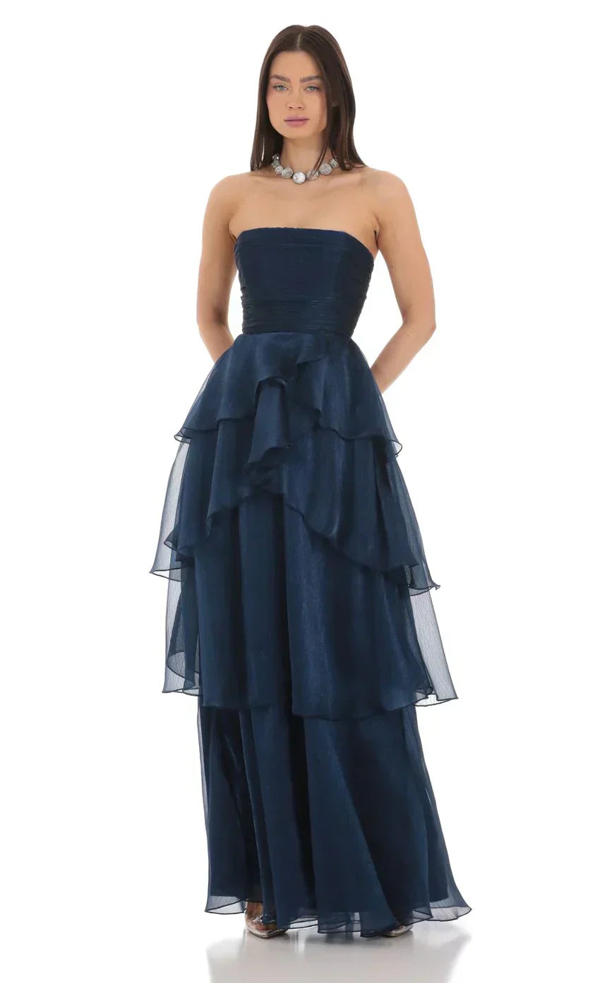 Corset Ruffle Strapless Maxi Dress In Navy