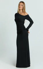 Milly Maxi Dress - Asymmetrical Off Shoulder Long Sleeve Side Ruching Maxi Dress In Black