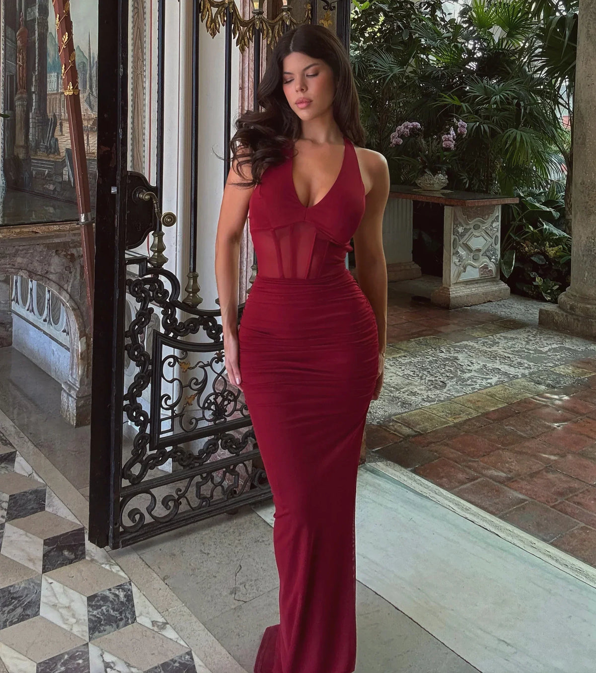 Kristy Mesh Corset Lace-Up Slit Formal Dress