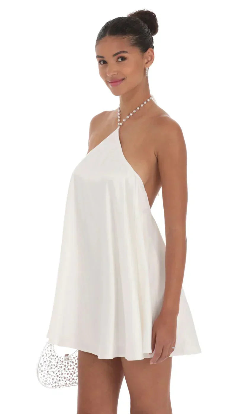 Pearl Halter Shift Dress In White