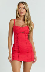 Gigi Mini Linen Dress - Sweetheart Tie Back Scallop Detail Dress In Red