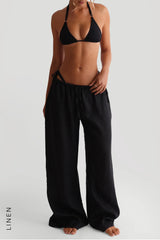 Sheveta Heritage Linen Wide-Leg Pants - Black