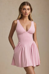 Scallop-Trim A-Line Mini Dress in Soft Pink