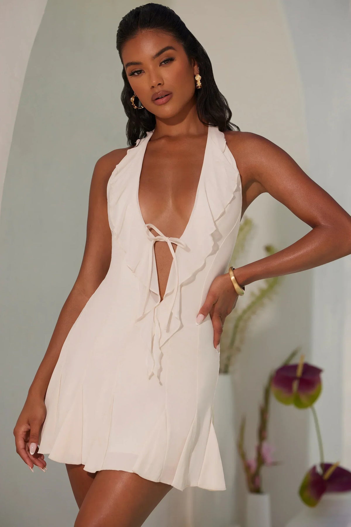 Halter Neck Ruffle A-Line Mini Dress In Ivory