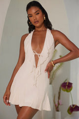 Halter Neck Ruffle A-Line Mini Dress In Ivory