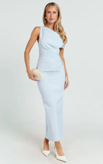 Alexandria Midi Dress - Tip Shoulder Draped Fitted Dress In Blue