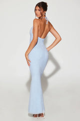 Embellished Plunge Halter Neck Evening Gown In Blue