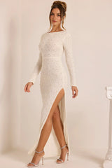 Kateproms Embellished Long Sleeve Backless Maxi Dress In White