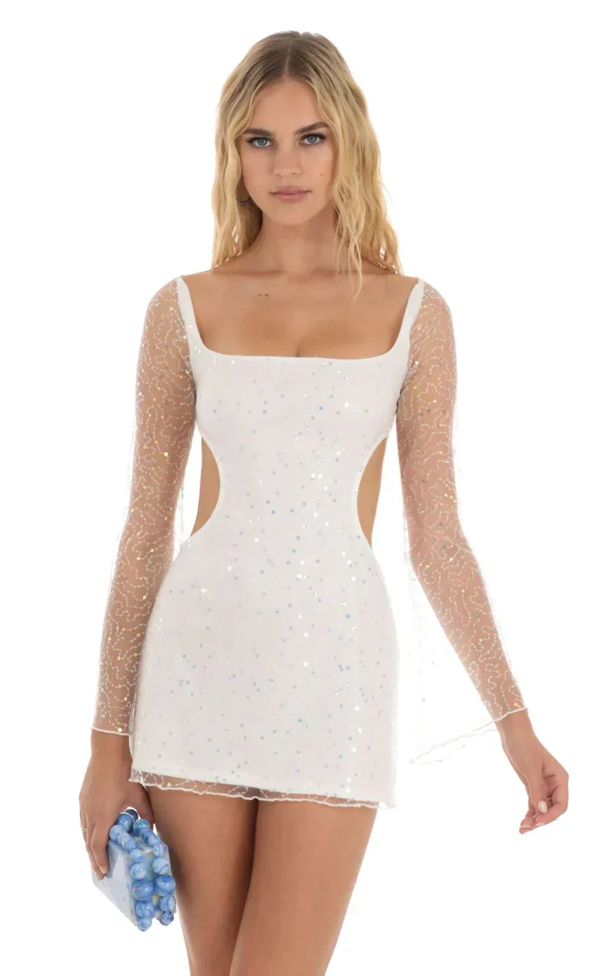 Flower Sequin Dress In White