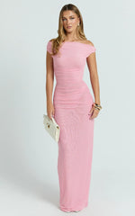 Harrison Maxi Dress - Off Shoulder Ruche Wide Waistband Long Skirt Mesh Dress In Pink