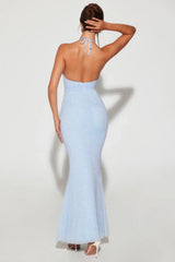 Embellished Plunge Halter Neck Evening Gown In Blue