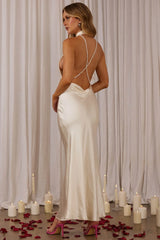Italia Azure Halterneck Pearl Back Maxi Dress Oyster