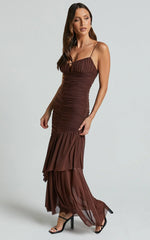 Harlene Maxi Dress- Ruched Mesh Frill Hem Dress In Chocolate