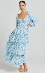 Wendy Midi Dress - Sweetheart Long Sleeve Layered Dress In Blue Floral