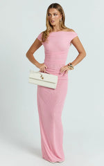 Harrison Maxi Dress - Off Shoulder Ruche Wide Waistband Long Skirt Mesh Dress In Pink