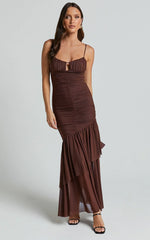 Harlene Maxi Dress- Ruched Mesh Frill Hem Dress In Chocolate