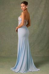 Embellished Corset Fishtail Gown In Floral Blue