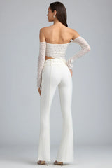 Metallic Belted Mid-Rise Flared Trousers In Ivory