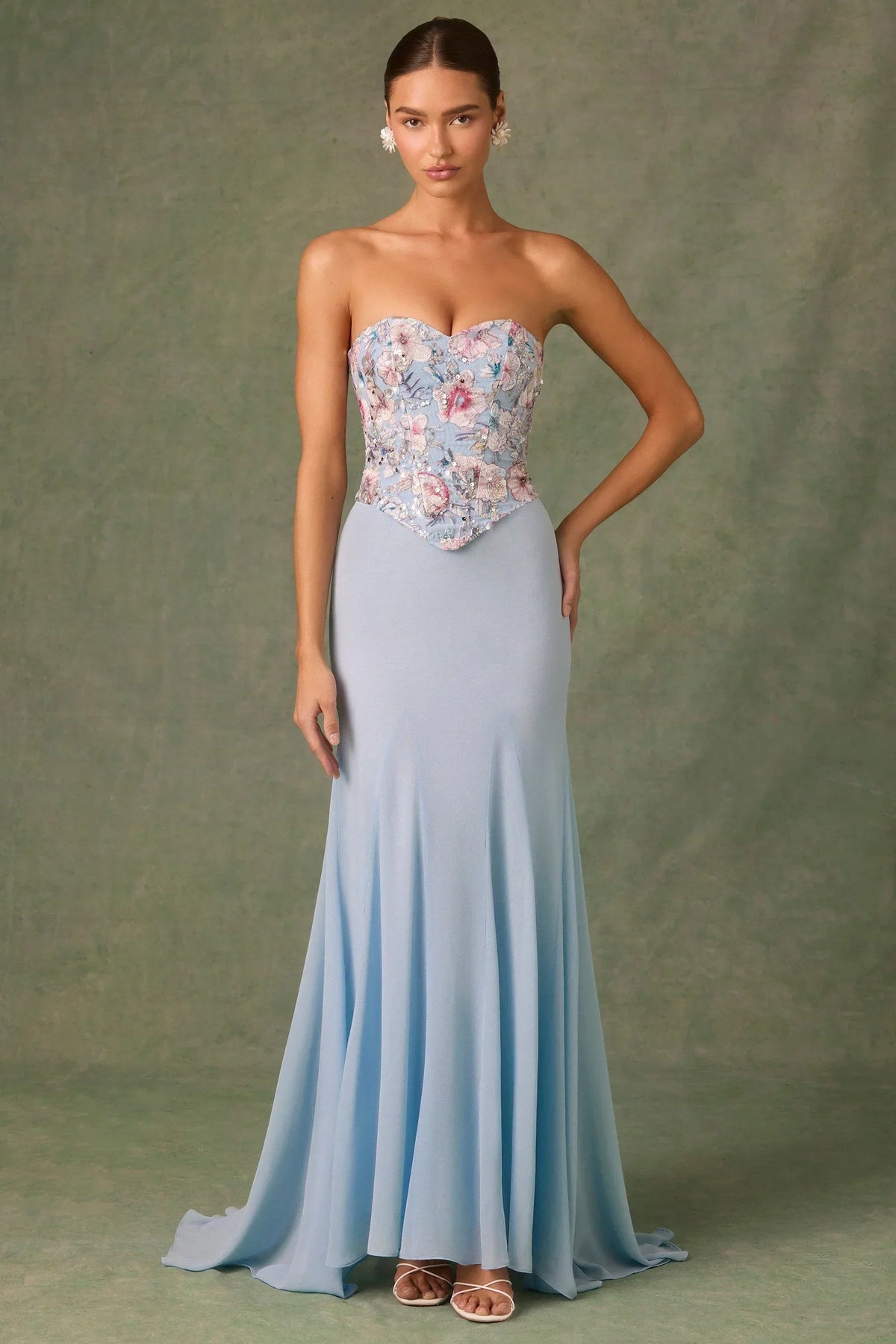 Embellished Corset Fishtail Gown In Floral Blue
