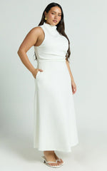 Macy Midi Dress - High Neck A Line Dress In Off White