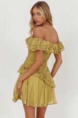 Sinclair Off-Shoulder Ruffle Trim Mini Dress Khaki