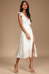 Cause to Celebrate White and Gold Dot Ruffled Tiered Midi Dress