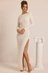 Kateproms Embellished Long Sleeve Backless Maxi Dress In White
