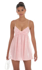 Sequin Front Bow Babydoll Dress In Pink