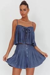 Country Girl Pleated High Waist Shorts Dark Denim