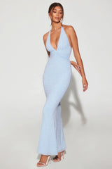 Embellished Plunge Halter Neck Evening Gown In Blue