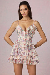 Ruffled Lace-Up A-Line Mini Dress in Primrose Floral Print