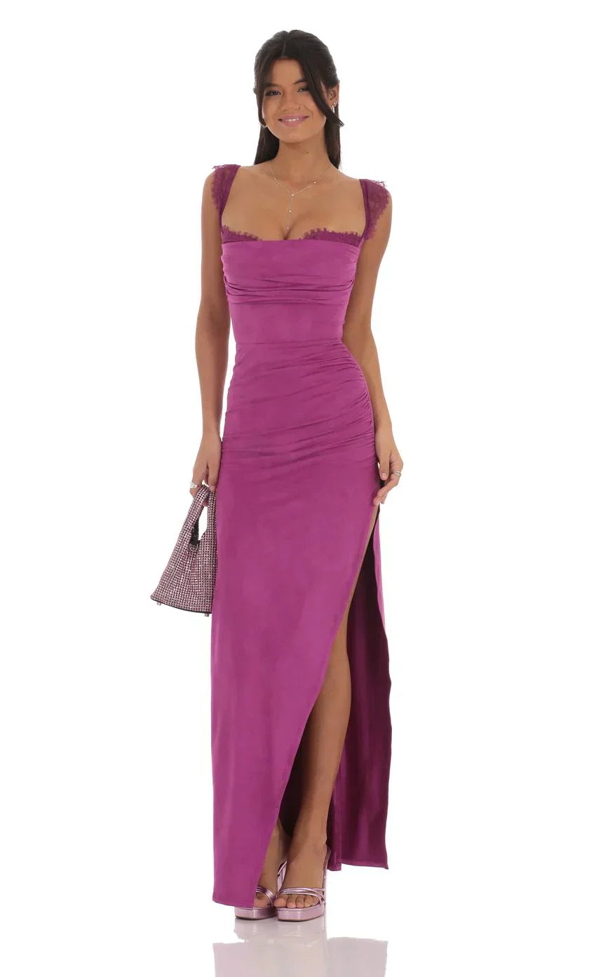 Suede Draped Lace Maxi Dress In Magenta