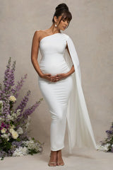 Amaryllis | White Maternity One Shoulder Maxi Dress With Cape Sleeve