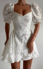Brailey Mini Dress - Puff Sleeve Fit And Flare Dress In White