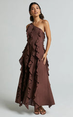 Britney Maxi Linen Dress - One Shoulder Ruffle Detail Dress In Chocolate
