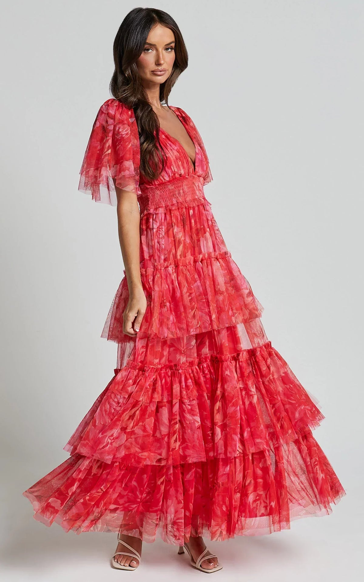 Leianna Midi Dress - Tulle Flutter Sleeve Tiered Ruffle Dress In Sunset Floral