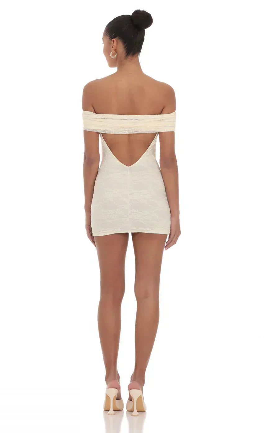 Off Shoulder Lace Bodycon Dress In Cream