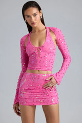 Embellished Cut-Out Halterneck Top In Bubblegum Pink