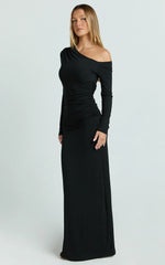 Milly Maxi Dress - Asymmetrical Off Shoulder Long Sleeve Side Ruching Maxi Dress In Black