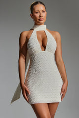 Embellished Scarf-Detail Halterneck Mini Dress In White
